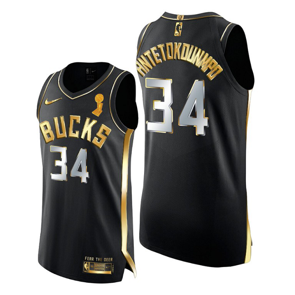 Men's Nike Milwaukee Bucks #34 Giannis Antetokounmpo 2021 NBA Finals Champions Golden Edition Black Jersey