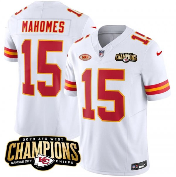 Men's Kansas City Chiefs #15 Patrick Mahomes White 2023 F.U.S.E. AFC West Champions With "NKH" Patch Vapor Untouchable Limited Stitched Jersey