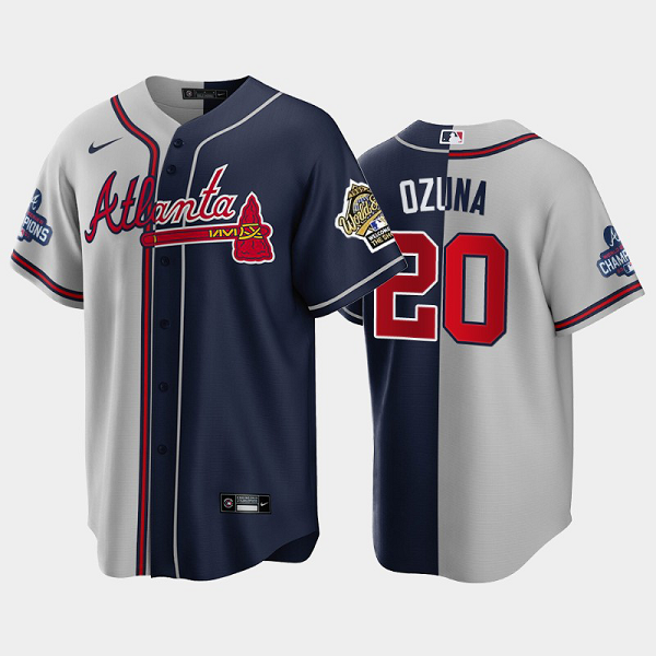 Men's Atlanta Braves 1995 Throwback Split Marcell Ozuna Gray Navy 2021 World Series Champions MLB Jersey