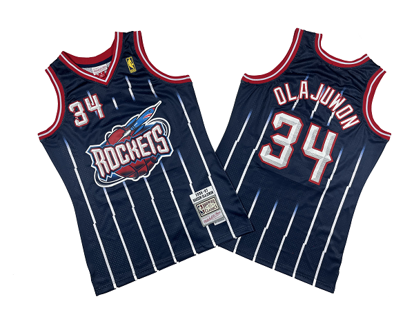 Men's Houston Rockets #34 Hakeem Olajuwon 1996-97 Blue Mitchell and Ness Stitched NBA Jersey