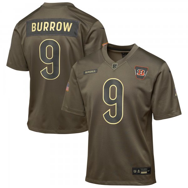 Youth #9 Joe Burrow Cincinnati Bengals Nike 2025 Salute to Service Game Olive Jersey
